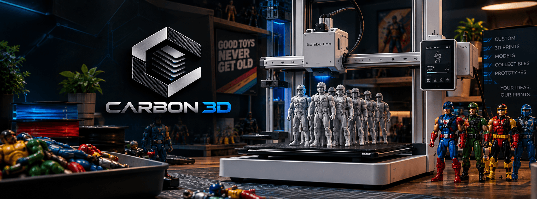 Carbon 3D workspace with a 3D printer, printed figures, and model-making materials